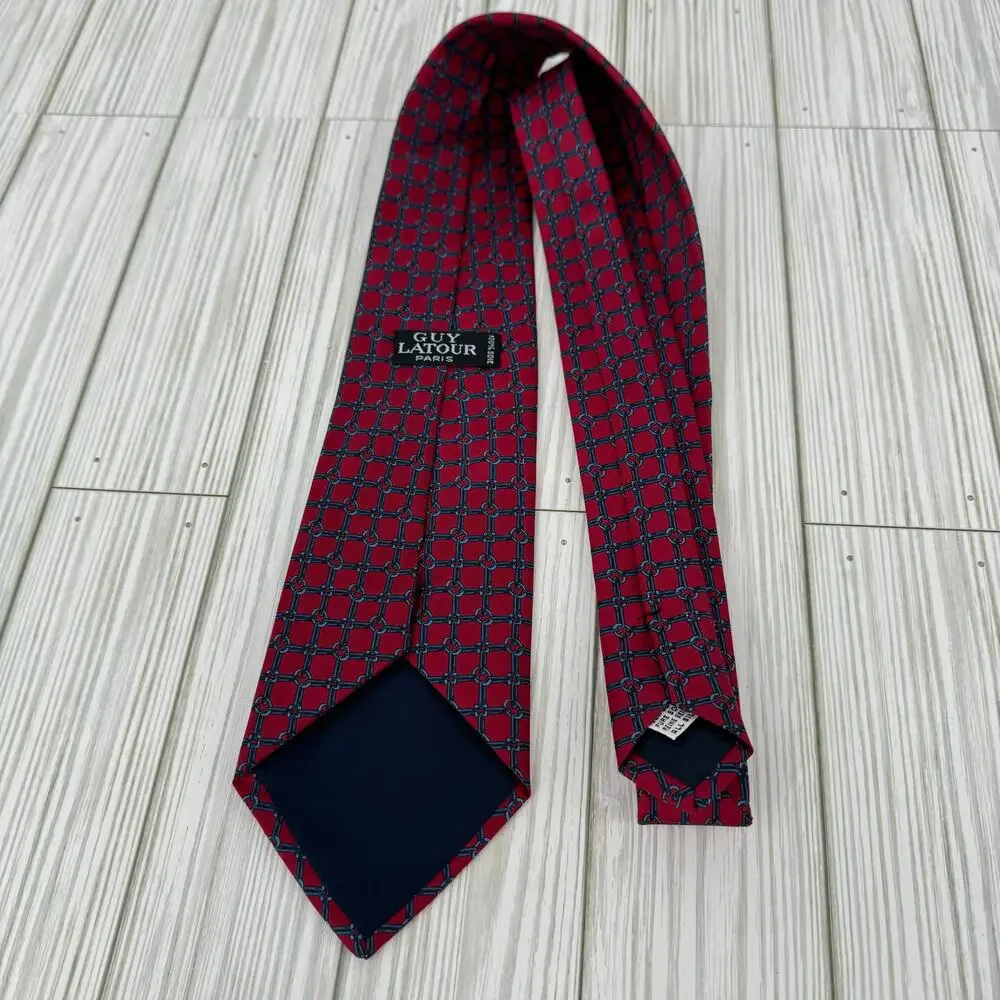 Guy Latour tie 100% silk chain link equestrian red blue office career